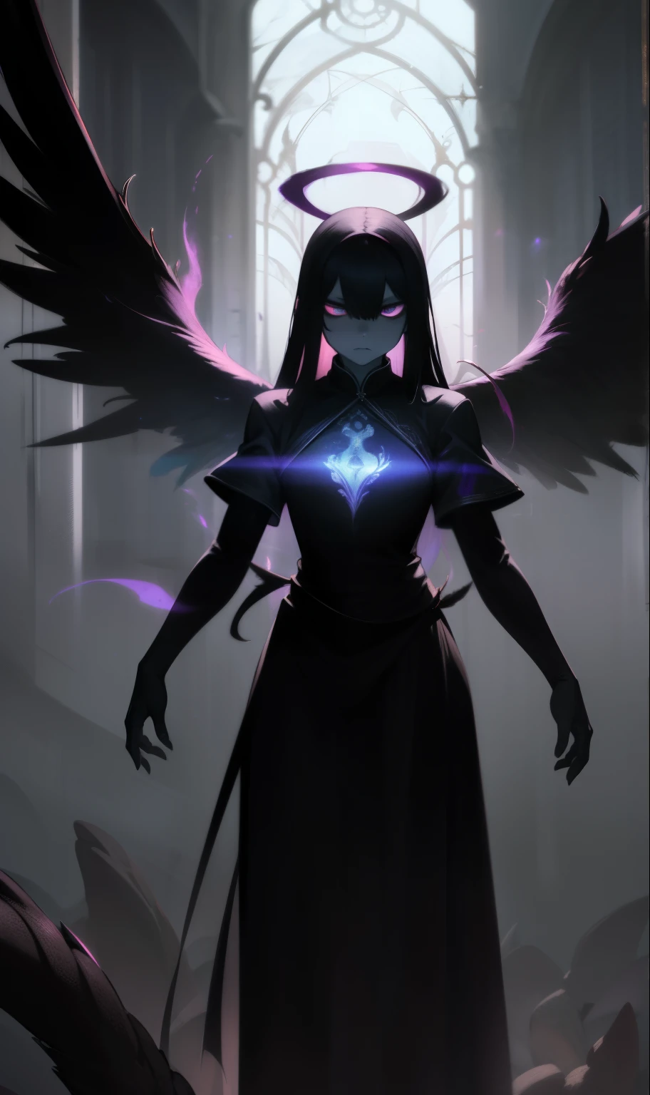 (best quality,4K,8K,high resolution,masterpiece:1.2),Extremely detailed,Practical:1.37,Epic Art,Colorful scary angel,(apterus:1.5),painting,Angry eyes,Dark Wings,Vibrant colors,Mysterious Background,Paradise atmosphere,Glowing Halo,Strong emotions,Expressive brushstrokes,令人memorable的存在,Ethereal Beauty,Ominous shadow,ominous lighting,Drama,Demon traits,Sharp and fine feathers,distinct texture,Chiaroscuro,Awesome,Otherworldly,Holy,Fantasy theme,Mythological creatures,Impressive wingspan,Dynamic poses,heavily clouded,Fallen Angel,Intricate details,Fascinating,memorable,Visually stunning