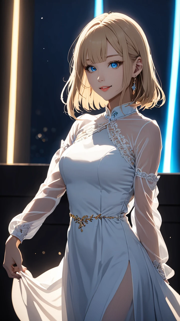 highest quality, masterpiece, best quality, 1 girl, solo,
BREAK
dramatic lighting, glowing, glowneon, moonlight,
BREAK
Idol stage, glow sticks
BREAK
Dancing, smile 
BREAK
blue eyes, medium hair, blonde hair:1.5, straight hair, white long dress, see-through sleeve, 