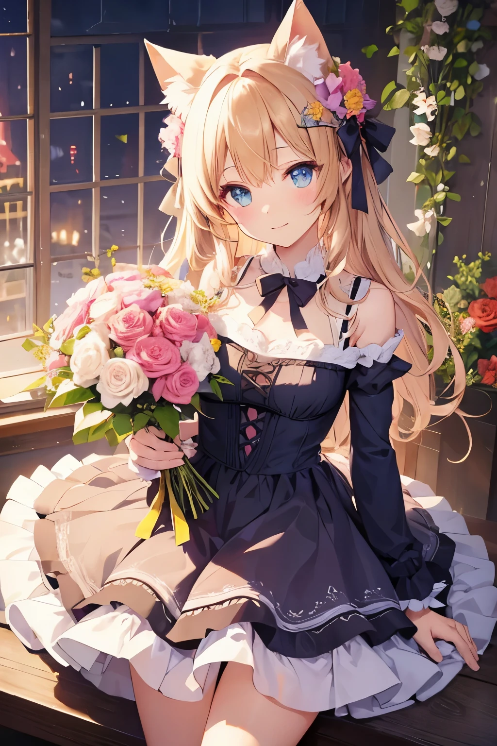 Cat ear、bouquet、dress、High quality、Delicate eyes、One Girl
