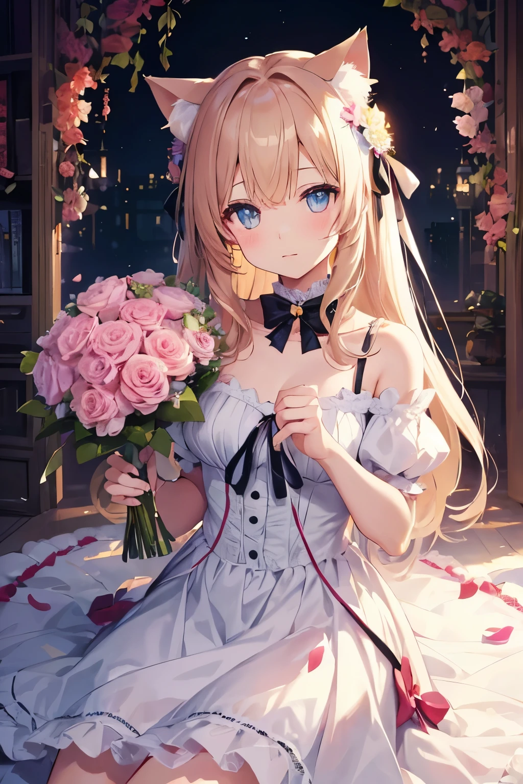Cat ear、bouquet、dress、High quality、Delicate eyes、One Girl