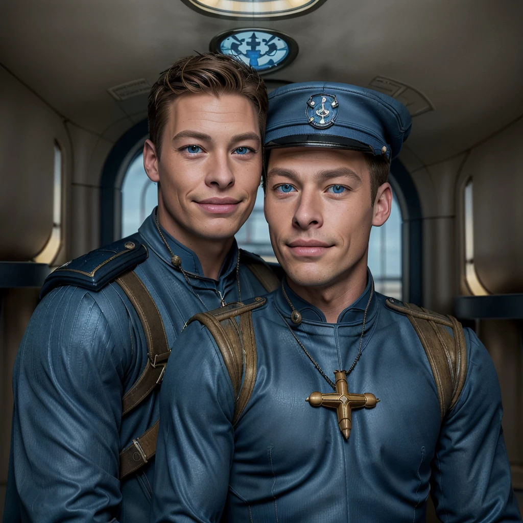 2 males, A handsome blonde age boy, (detailed face, beautiful blue eyes, long eyelashes, perfect skin:1.2), (smirking Captain Jack Harkness:1.3), highly detailed photorealistic town scenery