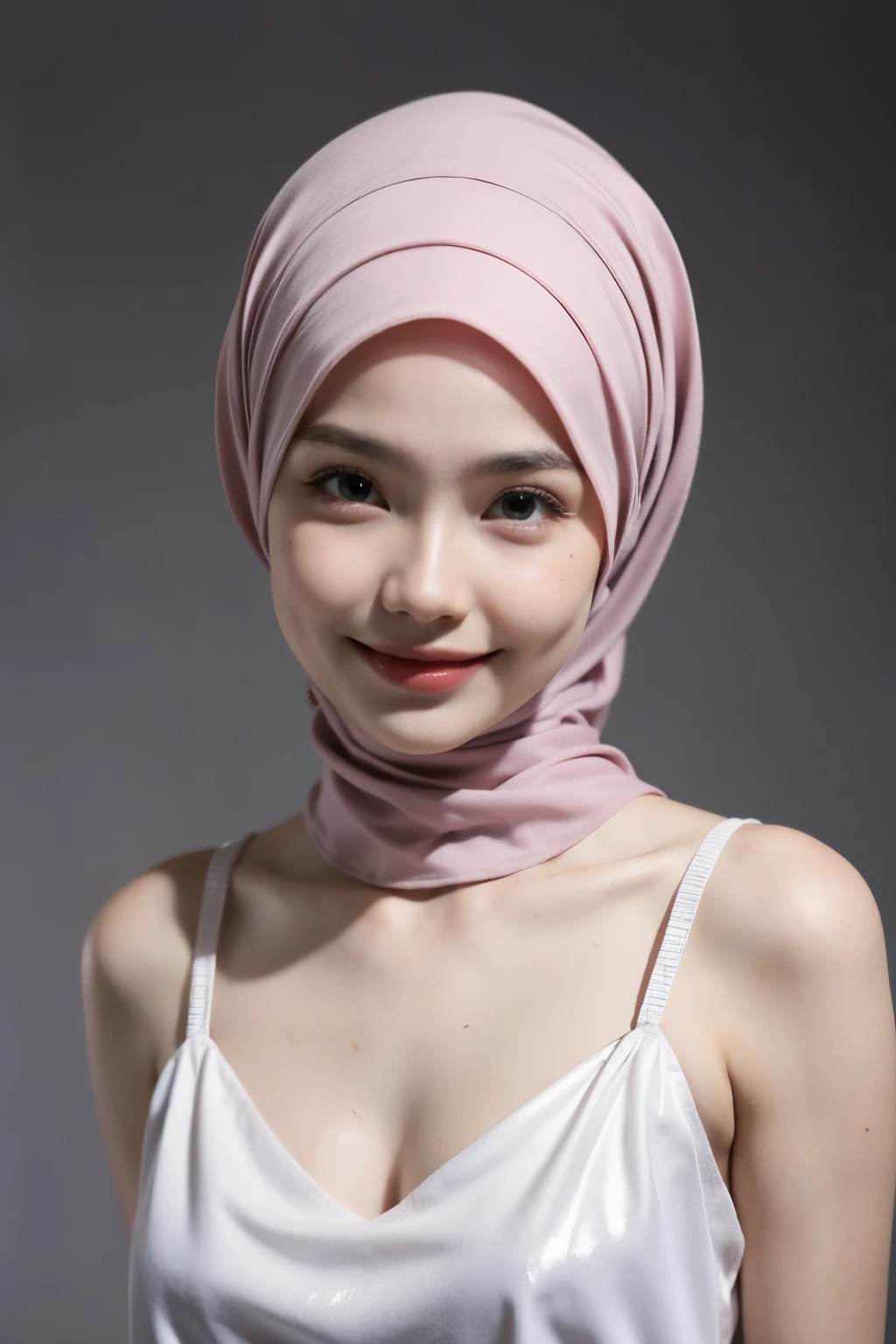 ((PINK)), ((((HALF BODY PORTRAIT)))), Naked, (((VERY SHINY SKIN))), Very cute like a baby face, ((Stylish Hijab)), adorable, 1 girl, , baby face, shy, half body portrait,smile, (face details: 1), (eye details: 1), ((round large breasts, cleavage)). Cute posed. proportional body. Ultra High Res. (realistic: 1.9), UHD, ((SHINY SKIN :1.5)), ((V-neck ice silk suspender nightdress)),