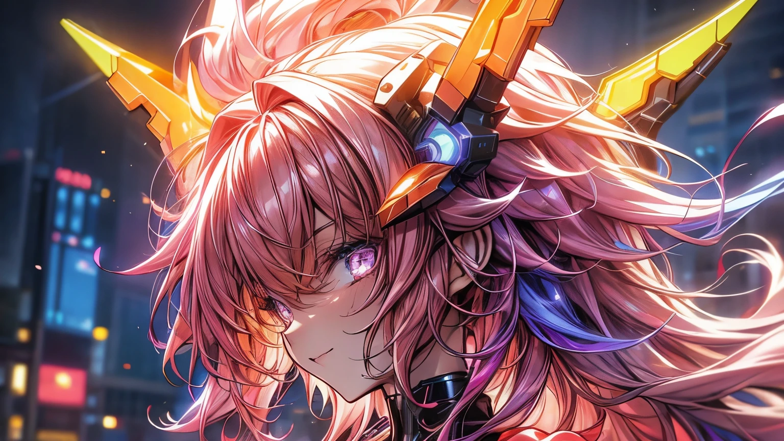 anime glowing fluorescent curly hair, neon orange neon purple color