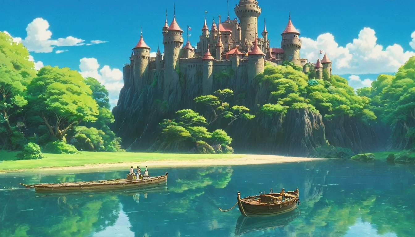 Animation scene with castle on small island and boat floating on water, Studio Ghibli composition, Studio Ghibli scheme, cinematic Studio Ghibli still, Studio Ghibli environment, style of Studio Ghibli, Studio Ghibli landscape, Studio Ghibli smooth concept art, from the Studio Ghibli film, Studio Ghibli & James Gurney, Studio Ghibli sunlight, in the Studio Ghibli anime film