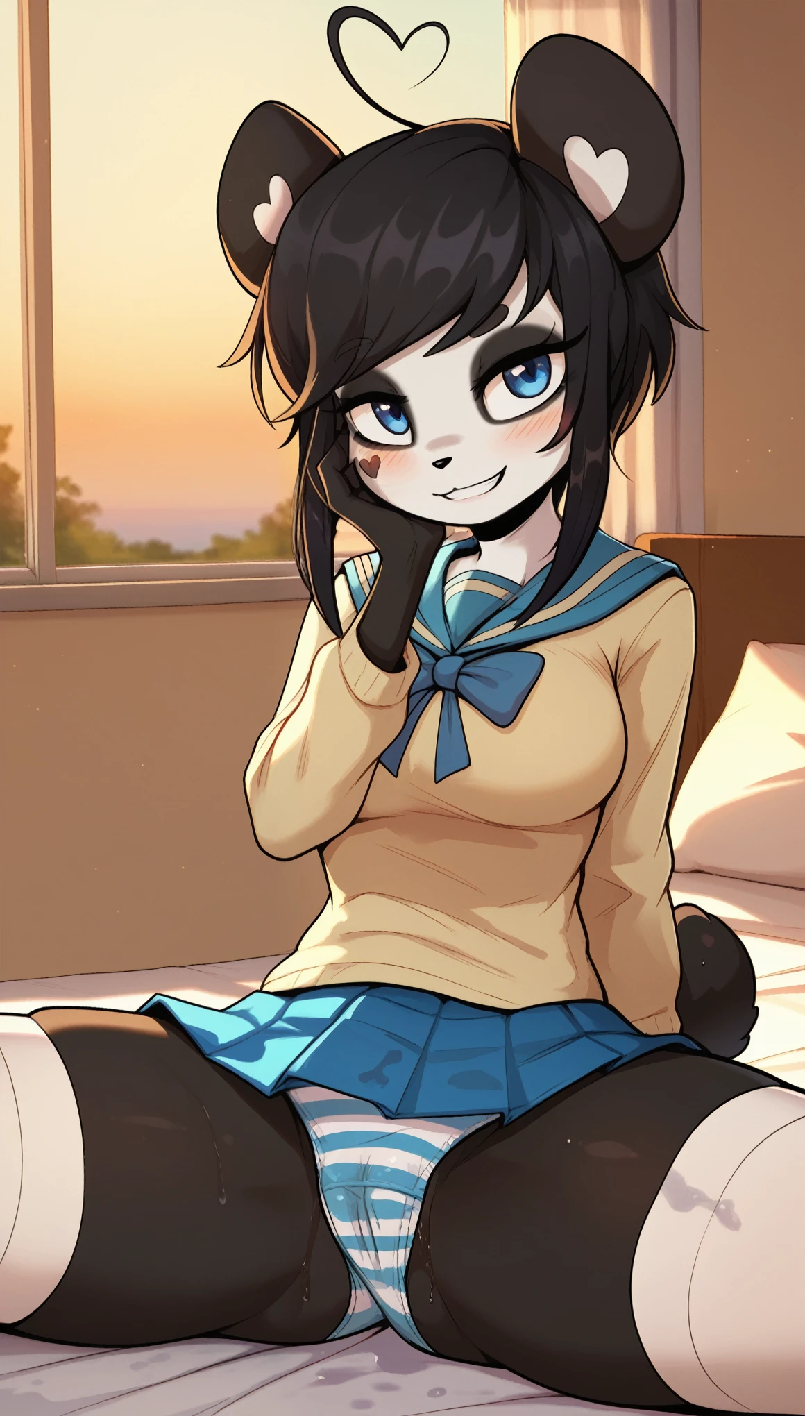 masterpiece, best quality, seductive expression, 1girl, anthro, furry, fur, fluffy fur, kenny \(kenashcorp\), (panda, panda girl), furry, panda ears, animal nose, black fur, white fur, eyes makeup, black eyes, panda tail, heart ahoge, cheek heart, black arms, black legs, black hair, medium hair, blue eyes, half-closed eyes, medium breasts, thick thighs, solo, (bedroom), (sunset), detailed, sitting over bed, (school uniform, blue skirt, white thighhighs), blue panties (striped panties), (hand on face), cute grin, blush, spread legs, wet panties, bitting lip, score_9, score_8_up, score_7_up, score_6_up, score_5_up, score_4_up