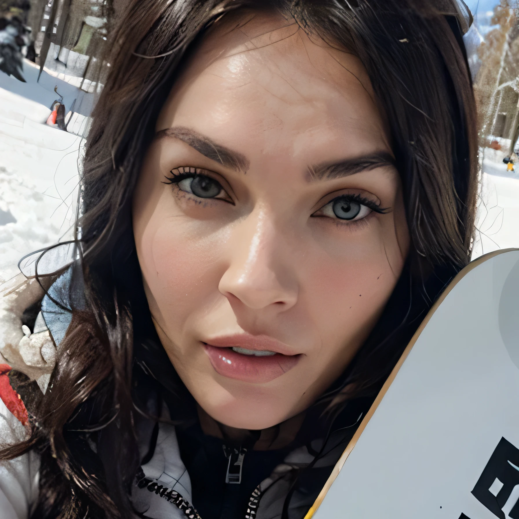 solo, photorealistic, wide shot, best quality, hyper detailed, 25 years old Circasssian woman, mature-looking face, boobies, high detailed deep wrinkles, beauty mark, intricate, (((messy bun blonde))), Circassian facial features, (((snowboard photo, snowboard and ski clothes in the mountain, 8k, super fine, beautiful dark hair, white fearitale, helmet off))), she is looking at the camera smiling, (((breast exposed)))