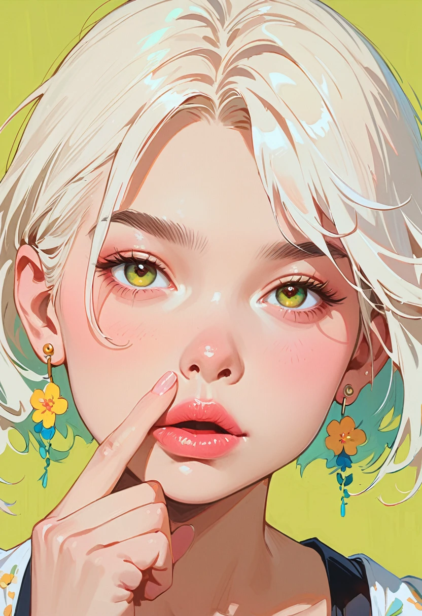 (masterpiece, best quality:1.2), 1 girl, solitary,Anime style,White hair, lips pink、Girl with light floral earrings puts her middle finger to her mouth,In the style of a top portrait painter, Yellow-green background.Middle finger raised