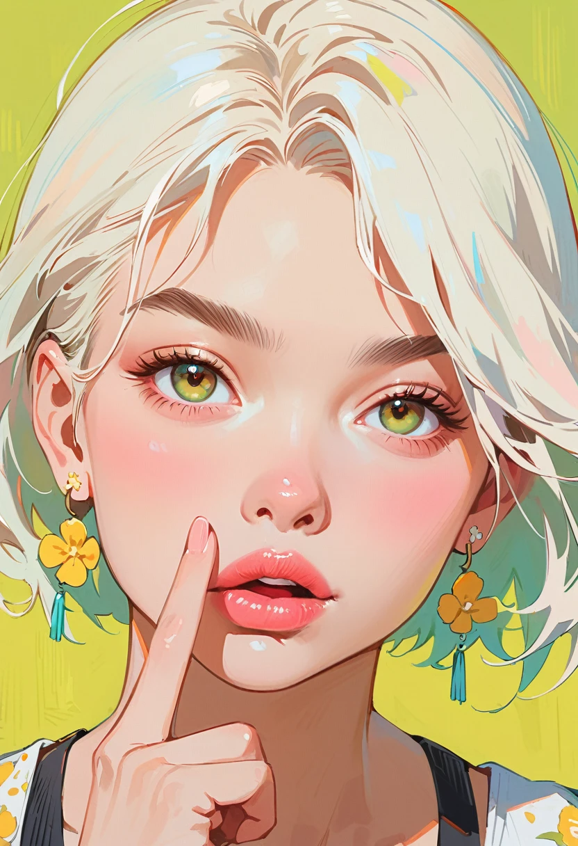 (masterpiece, best quality:1.2), 1 girl, solitary,Anime style,White hair, lips pink、Girl with light floral earrings puts her middle finger to her mouth,In the style of a top portrait painter, Yellow-green background.Middle finger raised