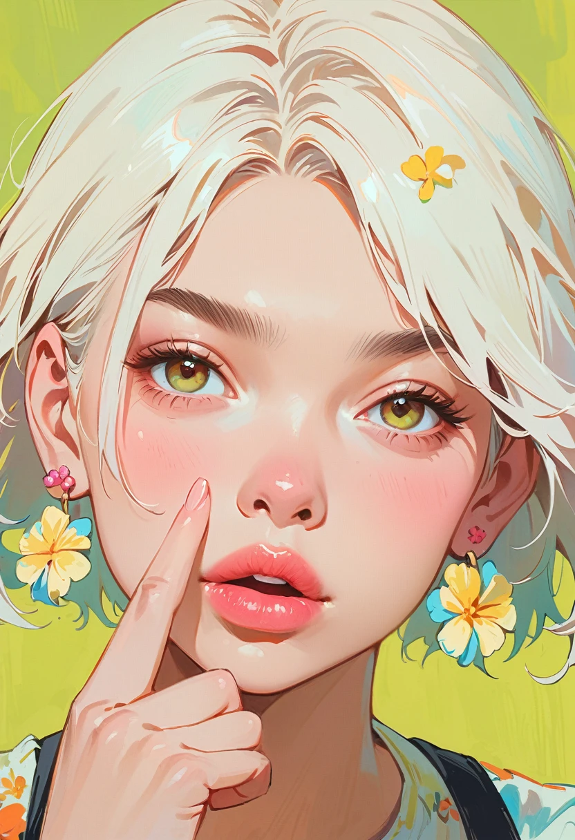 (masterpiece, best quality:1.2), 1 girl, solitary,Anime style,White hair, lips pink、Girl with light floral earrings puts her middle finger to her mouth,In the style of a top portrait painter, Yellow-green background.Middle finger raised