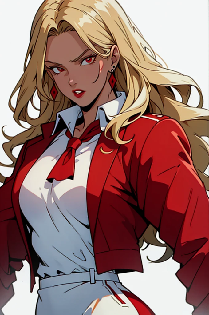 beautifully drawn, high resolution illustration, best quality, High definition, ((detailed anime sketch)), Masterpiece, (solo), absurdres, portrait, ((upper body)), ((cowboy shot)), detailed background, fine detail, HDR, dark-skinned female, red duster coat, blonde hair, wavy hair, expressionless, red eyes, slit pupils, blue crop top, medium breasts, red pants, red bandana