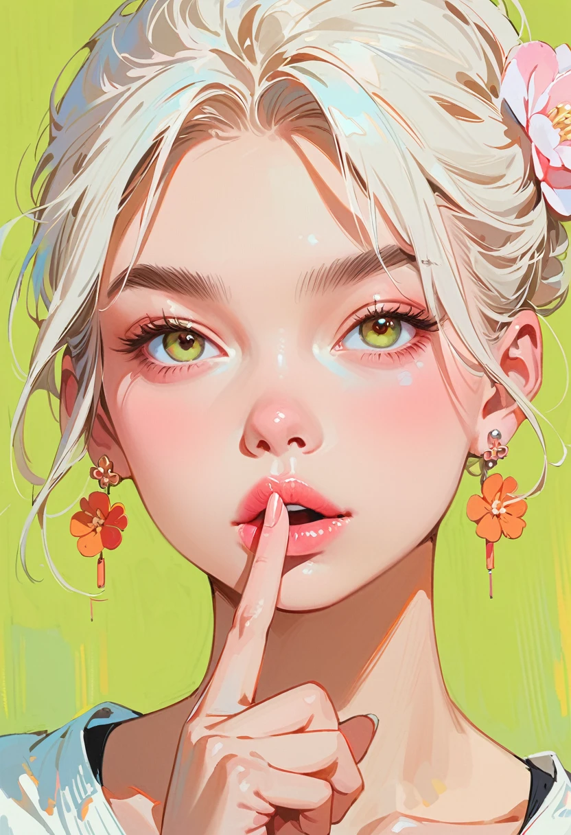 (masterpiece, best quality:1.2), 1 girl, solitary,Anime style,White hair, lips pink、Girl with light floral earrings puts her middle finger to her mouth,In the style of a top portrait painter, Yellow-green background.Middle finger raised