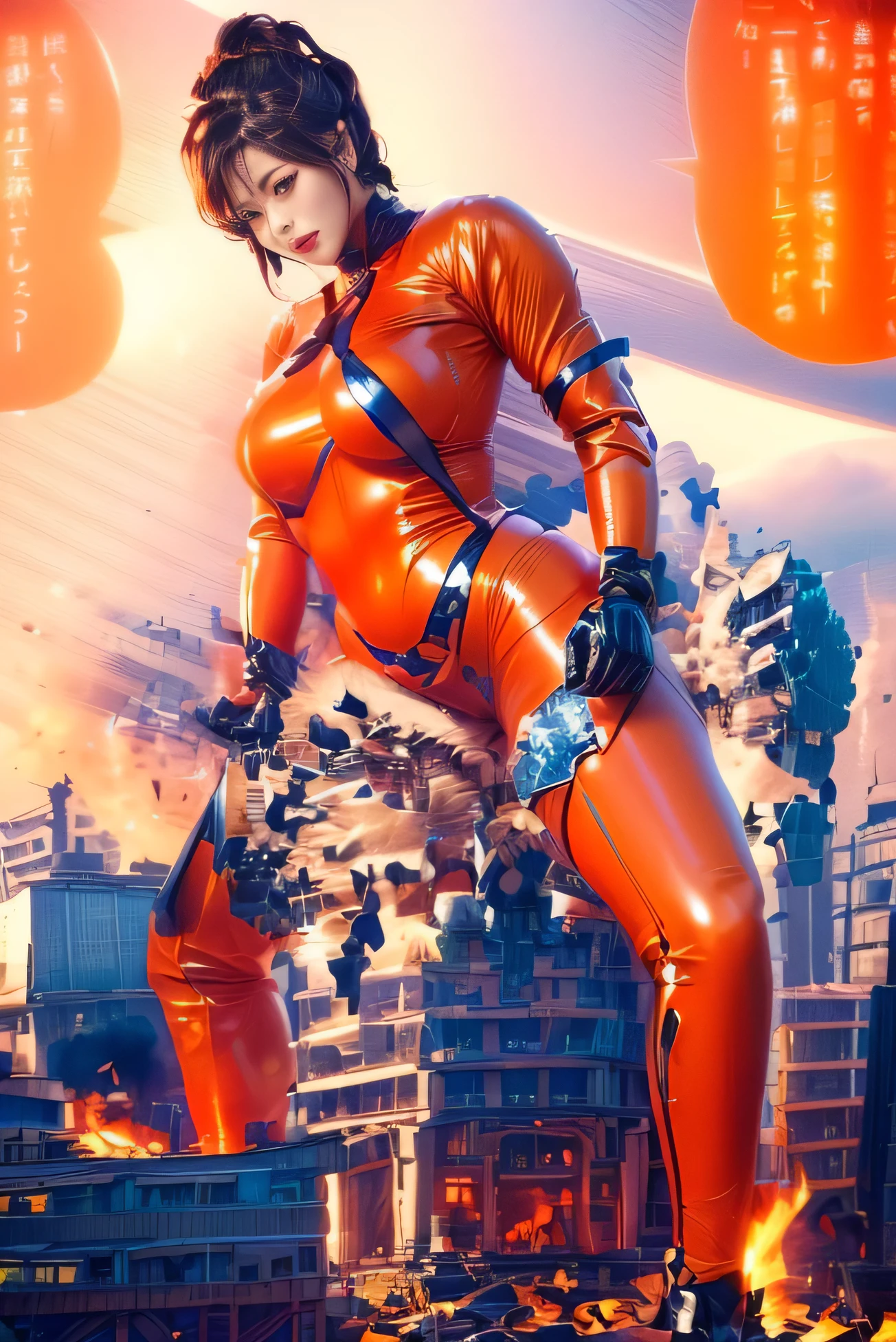 Cartoon of a woman in orange latex with a huge city in the background, Giant art, Muscular ultraviolent woman, Inspired by Masamune Shirow, Giant, hot fire Giant, highly detailed Giant shot, Muscular!! sf, Giant shot, Asuka suit worn under clothes!, Female body type, extremely detailed Giant shot, Muscular!!