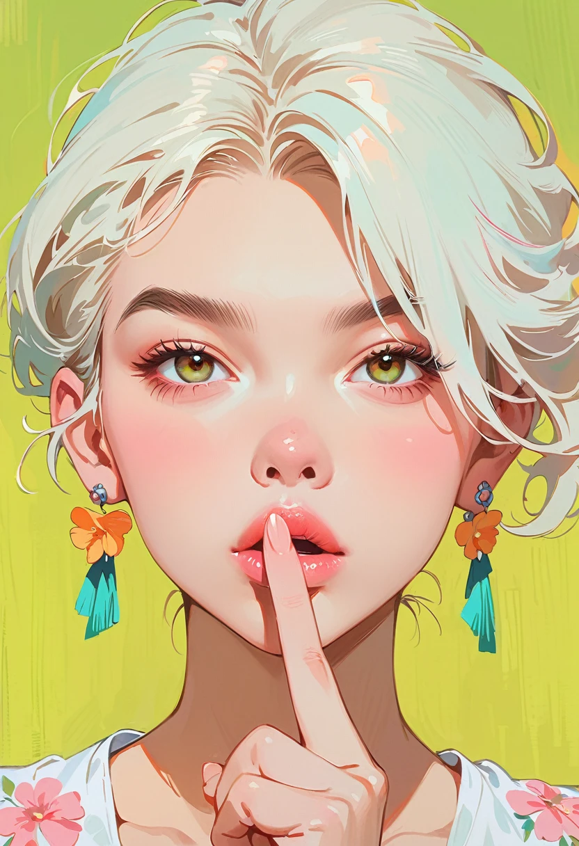 (masterpiece, best quality:1.2), 1 girl, solitary，Anime style，White hair, lips pink、Girl with light floral earrings puts her middle finger to her mouth，In the style of a top portrait painter, Yellow-green background.Middle finger raised