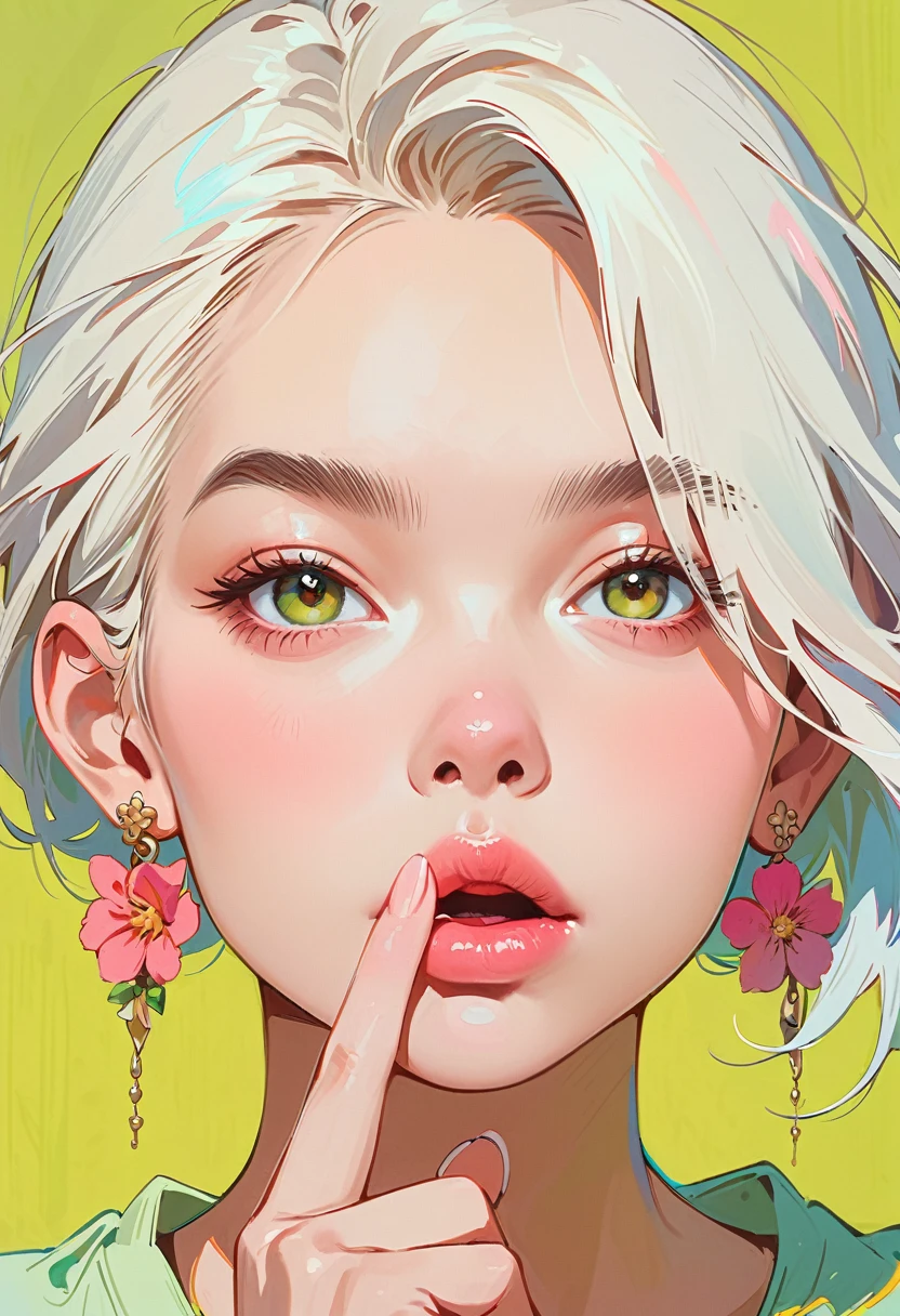 (masterpiece, best quality:1.2), 1 girl, solitary,Anime style,White hair, lips pink、Girl with light floral earrings puts her middle finger to her mouth,In the style of a top portrait painter, Yellow-green background.Middle finger raised