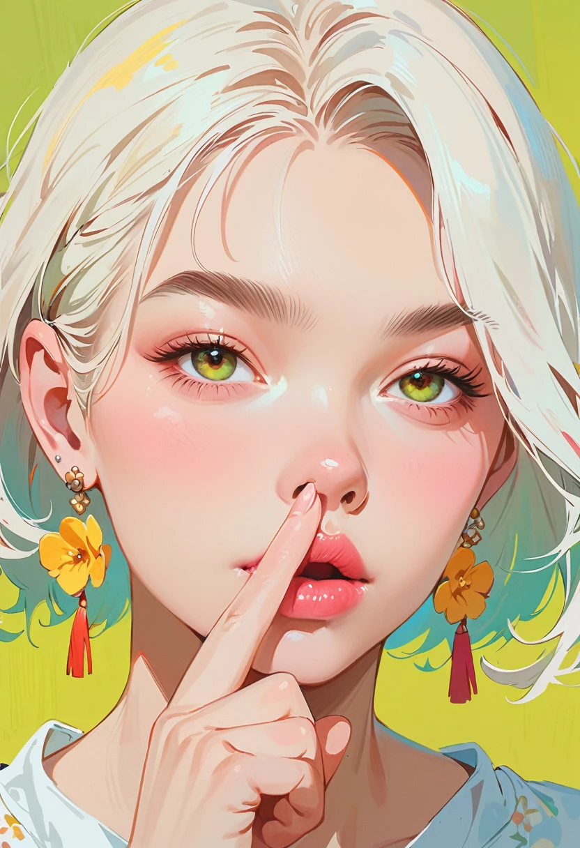 (masterpiece, best quality:1.2), 1 girl, solitary,Anime style,White hair, lips pink、Girl with light floral earrings puts her middle finger to her mouth,In the style of a top portrait painter, Yellow-green background.Middle finger raised
