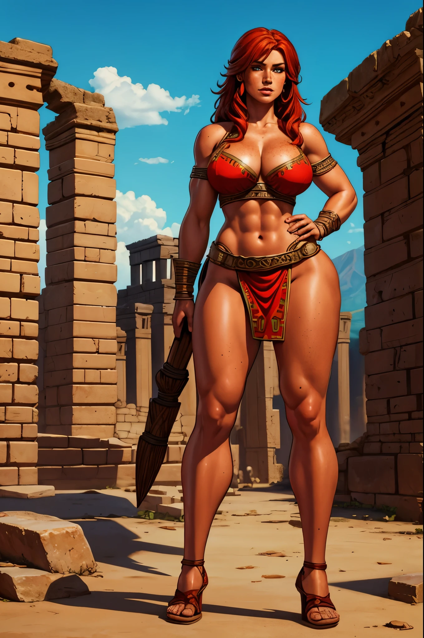 barbarian woman, standing, hourglass figure, rubenesque, red hair, irish girl, freckles, aztec ruins, full body shot, bronze arnour