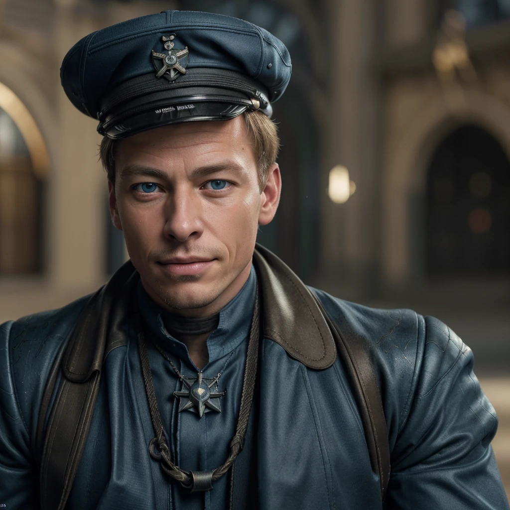 a handsome blonde teenage boy, 2 males, (detailed face, beautiful blue eyes, long eyelashes, perfect skin:1.2), (smirking Captain Jack Harkness:1.3), highly detailed photorealistic town scenery, (best quality,4k,8k,highres,masterpiece:1.2),ultra-detailed,(realistic,photorealistic,photo-realistic:1.37),HDR,UHD,studio lighting,ultra-fine painting,sharp focus,physically-based rendering,extreme detail description,professional,vivid colors,bokeh,portraits