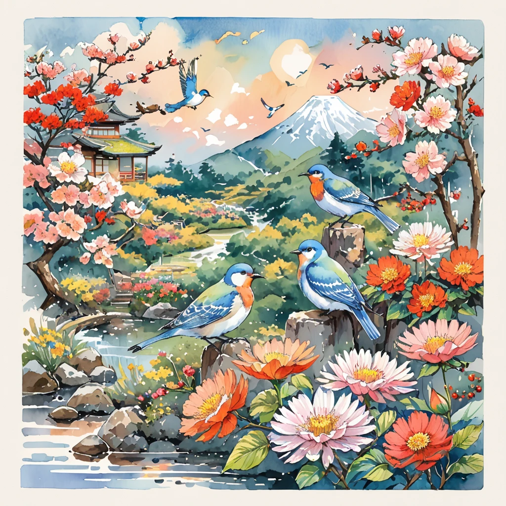 Flowers and birds, japan manga style, sketching, Watercolor color.