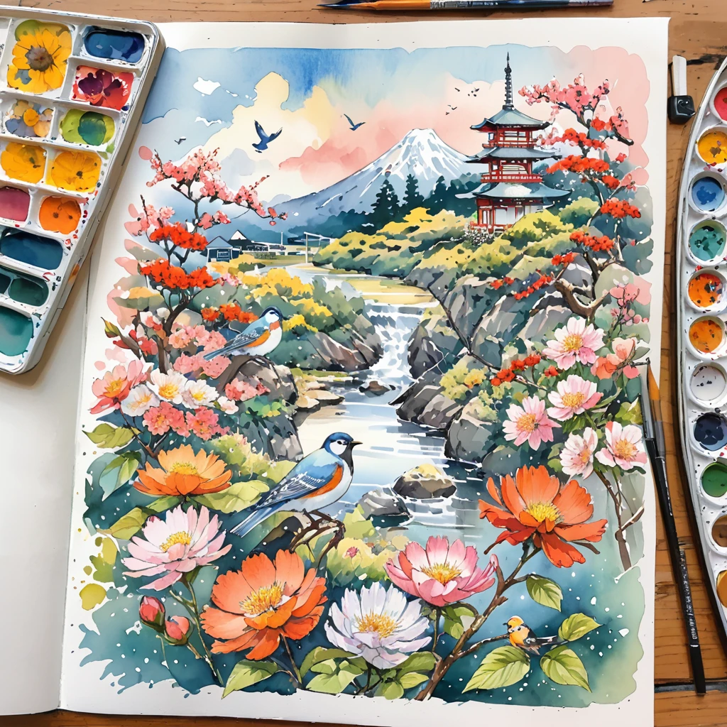 Flowers and birds, japan manga style, sketching, Watercolor color.