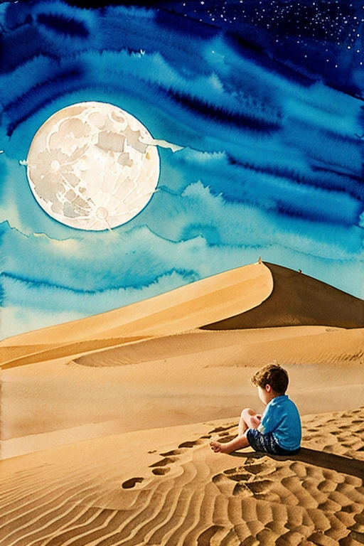 Cute  boy resting on sand dune at night with full moon light, in watercolor, with parameters of impressionism in aesthetics