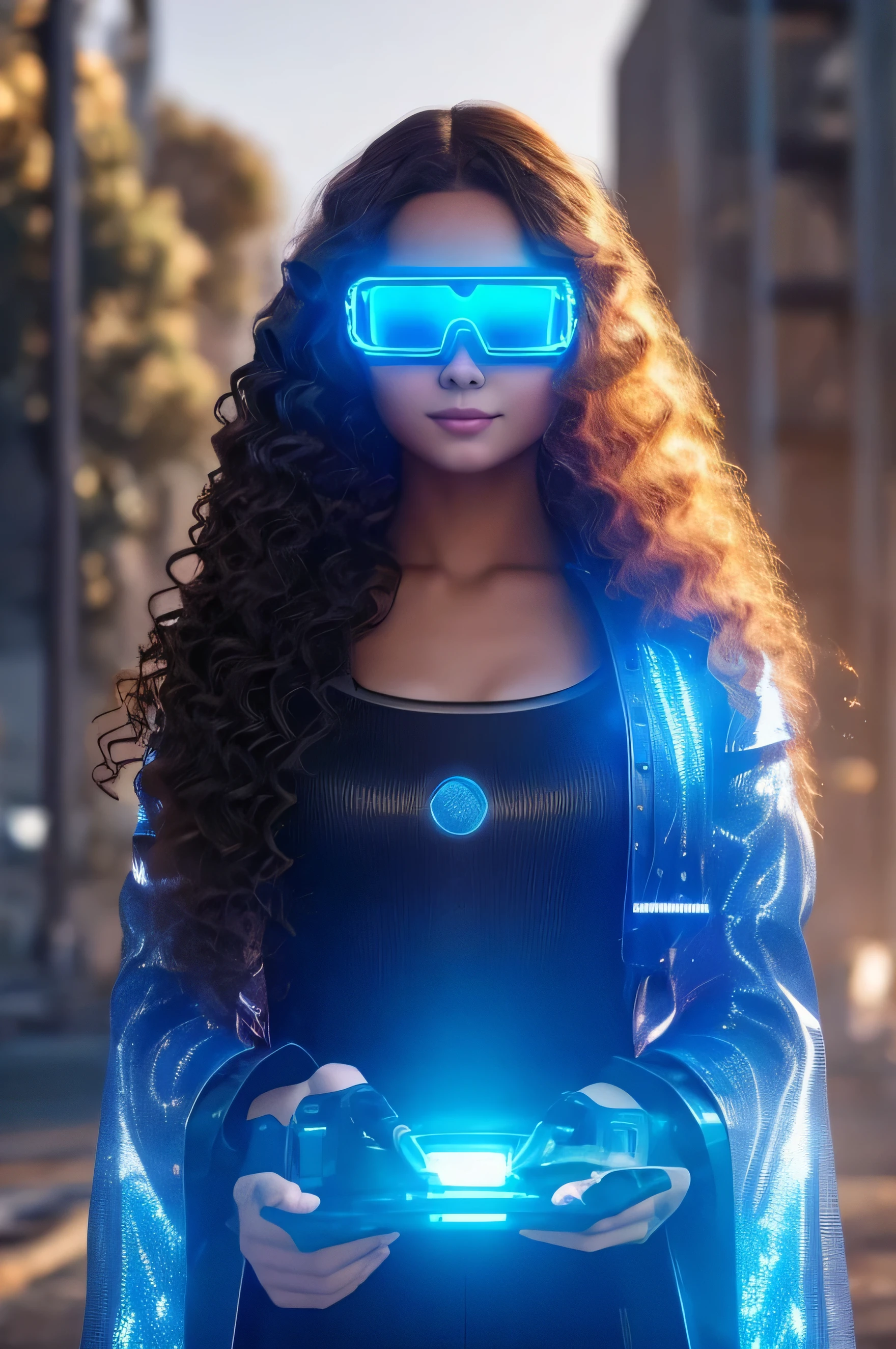 In a science fiction setting, visualize a Gemtech AI engineer. She is an impressive and prominent figure in the future of Innosoft. The girl has long curly hair, of a vibrant tone of fire. Your blue eyes shine brightly, and she displays a subtle smile, with your mouth closed.
She is holding a holographic globe that reveals inner details of the technological future. Your blue eyes are highlighted by the luminosity, and she wears virtual glasses, as if you were immersed in an augmented reality environment. The scenery around you is transparent, allowing a clear view of the internal details and technological advancements it is showing.