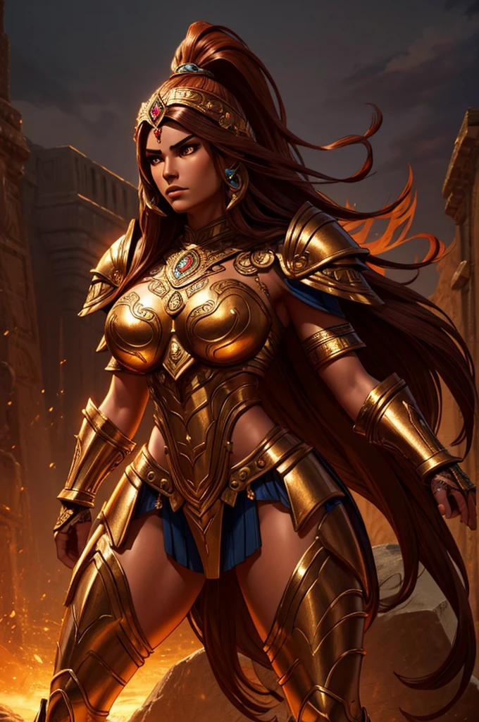 gorgeous female Aztec warrior, bronze armor, full body shot, intricate detailed armor, highly detailed face and eyes, beautiful detailed skin, flowing hair, powerful stance, dramatic lighting, cinematic composition, epic fantasy style, rich warm colors, dramatic chiaroscuro lighting