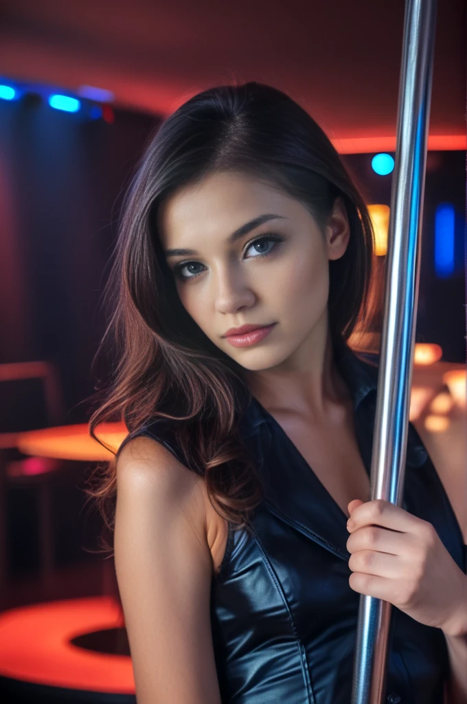 1girl, beautiful detailed eyes, beautiful detailed lips, extremely detailed eyes and face, long eyelashes, pole dancing, strip club, theatrical lighting, dramatic lighting, volumetric lighting, chiaroscuro, dramatic shadows, photorealistic, 8k, best quality, ultra-detailed, realistic, photo-realistic, hyperrealistic, professional, vivid colors, masterpiece