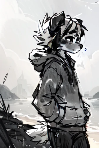 (((Monochrome, sketch,))), High quality, 8K, by kenket, by swaybat, by reysi, by Zackary911, by hyattlen, by teranen, by fumiko, by Pixelsketcher, by Bayard Wu, by Einshelm, by Kilinah, by Hioshiru, by fluff-kevlar, by Dimwitdog, Furry, Anthro, solo, ((australian shepard)), ((female)), ((young)), (fluffy tail,) ((slender)), ((short white hair)), chest fluff, short, casual, panties, hoodie, sad, depressed, skinny, skinny thighs, staring at the ocean, beach, profile, standing

