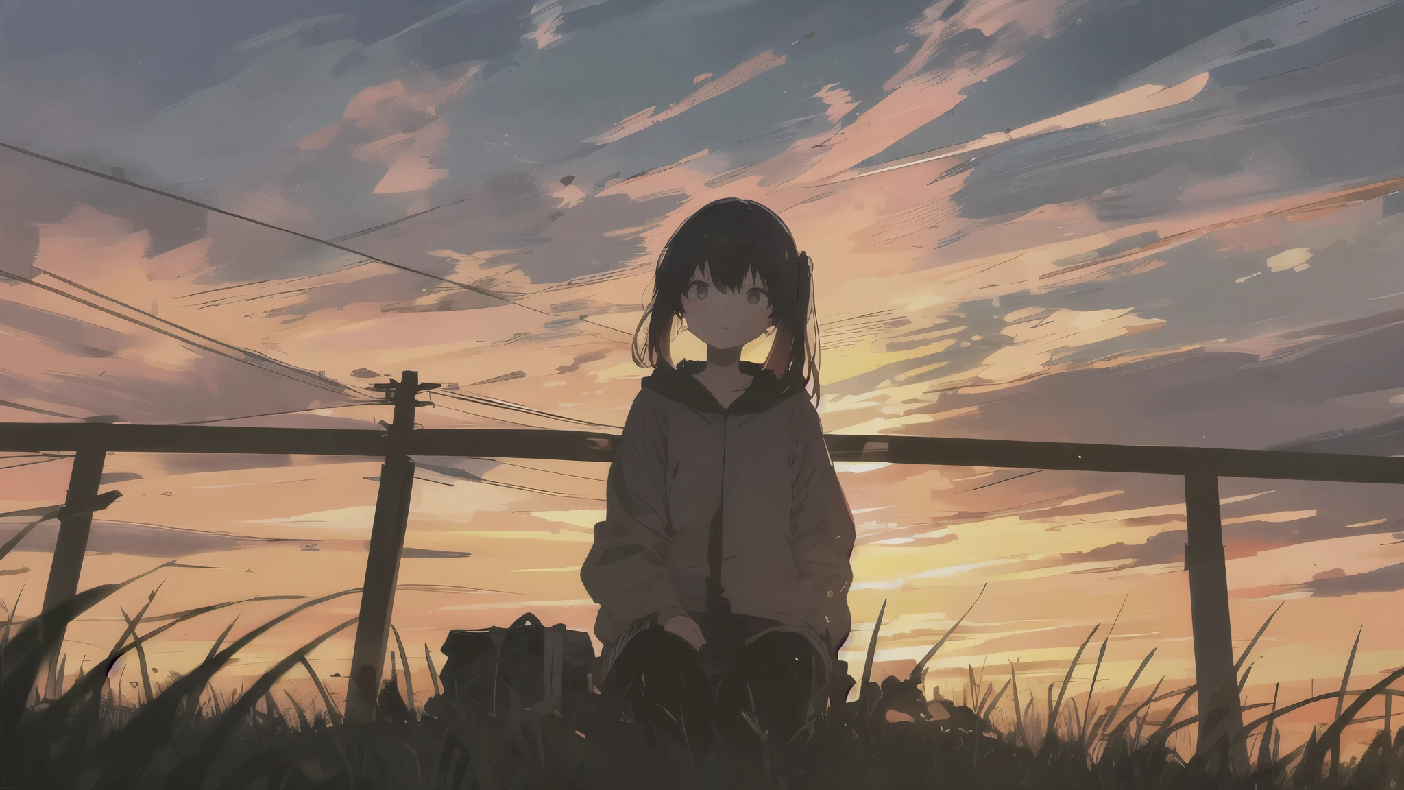 Anime girl sitting on a fence looking at the sunset - SeaArt AI