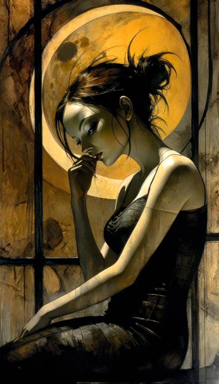 The moon is a house, with windows, terraces and a lot of life, a sexy girl looks out of a window, eroticism, sexy, black and white image, between shadows, oil painting, chiaroscuro, sensual, dramatic lighting, moody atmosphere, photorealistic, intricate details, masterpiece, ultra-detailed, high quality, 8k, best quality, realistic, cinematic, dark and brooding, expressionistic, powerful composition, emotional impact, Dave McKean inspired art
