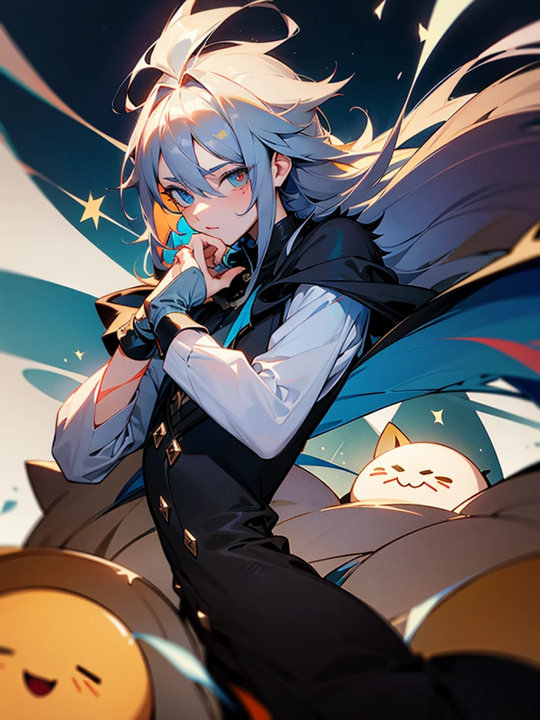 Nice landscape with this character:
A tall boy, Medium long hair, bluish hair, smooth fur, cute eyes, heterochromia of one EYE SEE AND THE OTHER LIGHT BROWN, a star-shaped SCAR on the left eye, somewhat gothic style, attentive, striking, affectionate, bipolar, instead, joker, Enoch, dango and mochi lover