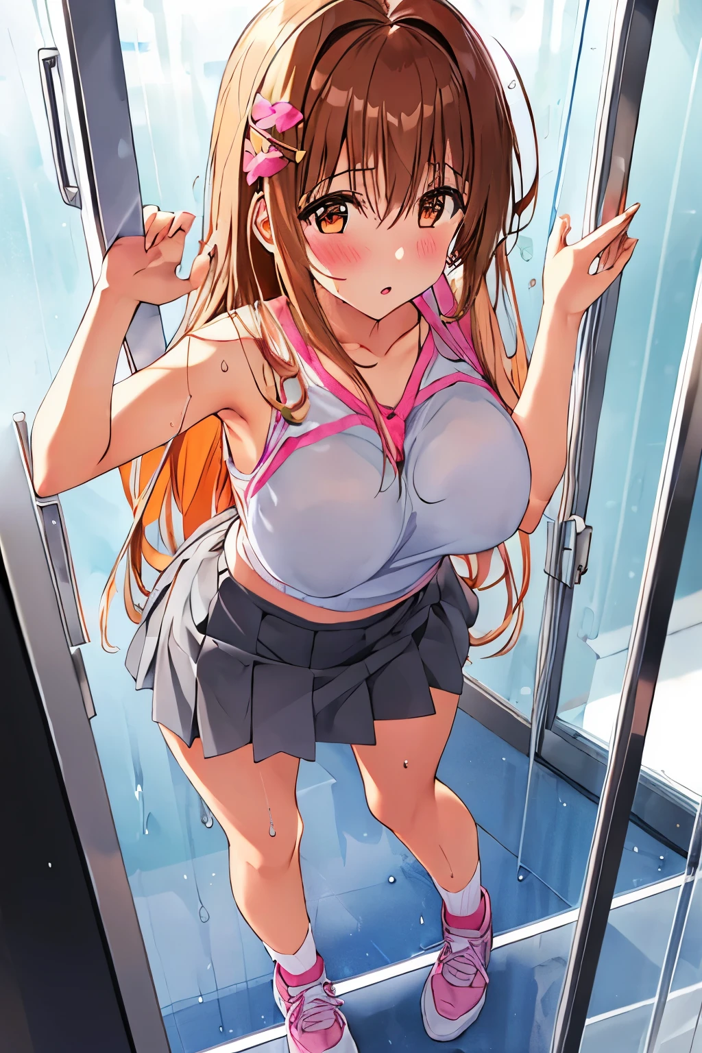 Behind the frosted glass, masterpiece, best quality, breasts_on_glass,1girl, fit body, wet semi-transparent clothes, sweat, breasts on windows, drop of water, breasts squeezed by glass,,yuuki_mikan( to_love-ru), to_love-ru, 1girl, orange_eyes,long_hair,  brown_hair, hair_ornament,grey_skirt, halterneck, miniskirt, pink_footwear, pink_top, shoes, skirt, socks, white_socks,bare_arms, bare_shoulders,,floating_clothes