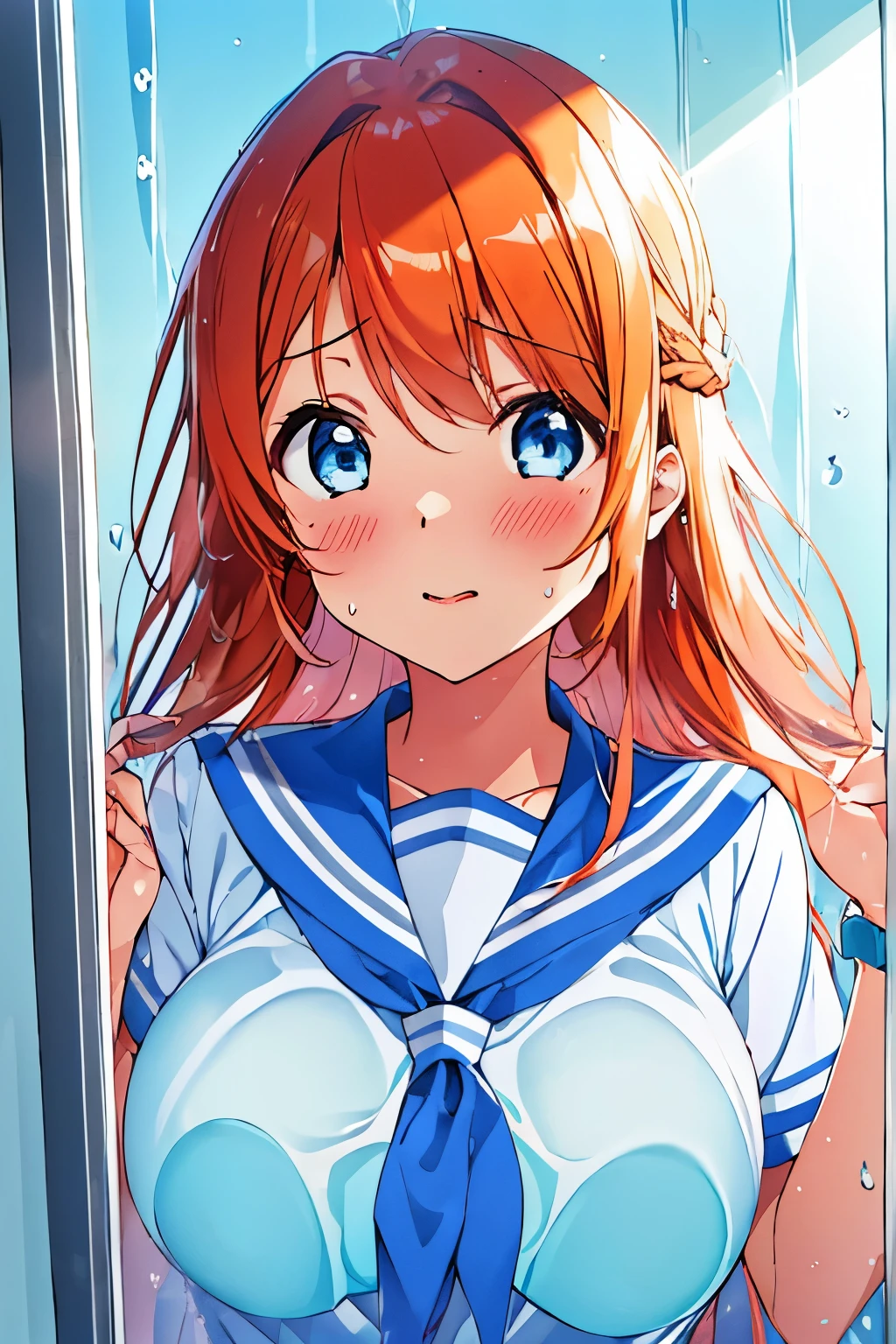 Behind the frosted glass, masterpiece, best quality, breasts_on_glass,1girl, fit body, wet semi-transparent clothes, sweat, breasts on windows, drop of water, breasts squeezed by glass,,kousaka_kirino, ore no imouto ga konna ni kawaii wake ga nai, orange hair|brown hair, long hair, floating hair, shiny hair, blue eyes|aqua eyes, pink hairclip, white shirt, (gray sailor collar|blue sailor collar), red ascot,luminous butterflies, fluttering butterflies