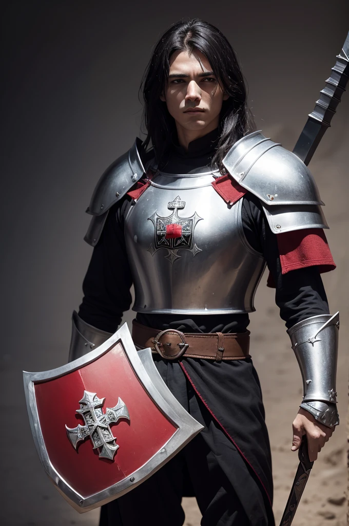Knife a crusader warrior from medieval times with a shield and the Maltese cross on the uniform containing black and red