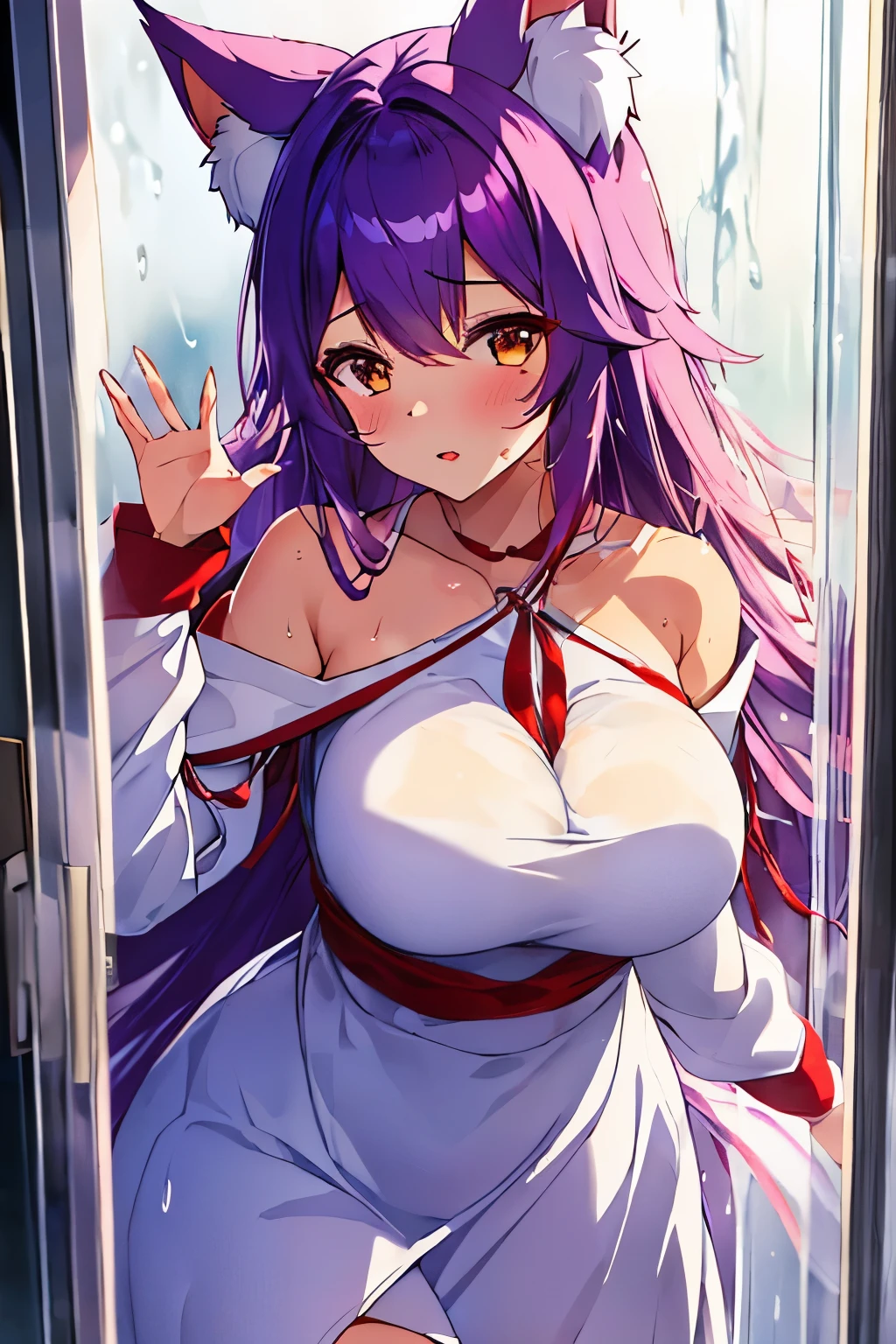 Behind the frosted glass, masterpiece, best quality, breasts_on_glass,1girl, fit body, wet semi-transparent clothes, sweat, breasts on windows, drop of water, breasts squeezed by glass,,ahri(league_of_legends), 1girl, kitsune, kyuubi, deep purple hair,deep purple fox ears, long_hair,brown_eyes ,facial mark, whisker markings,white fox tail,kyuubi, large_breasts, long sleeves, magic, white multiple tails, off shoulder, sharp fingernails,(red_and_white_dress:1.2),,floating_hair