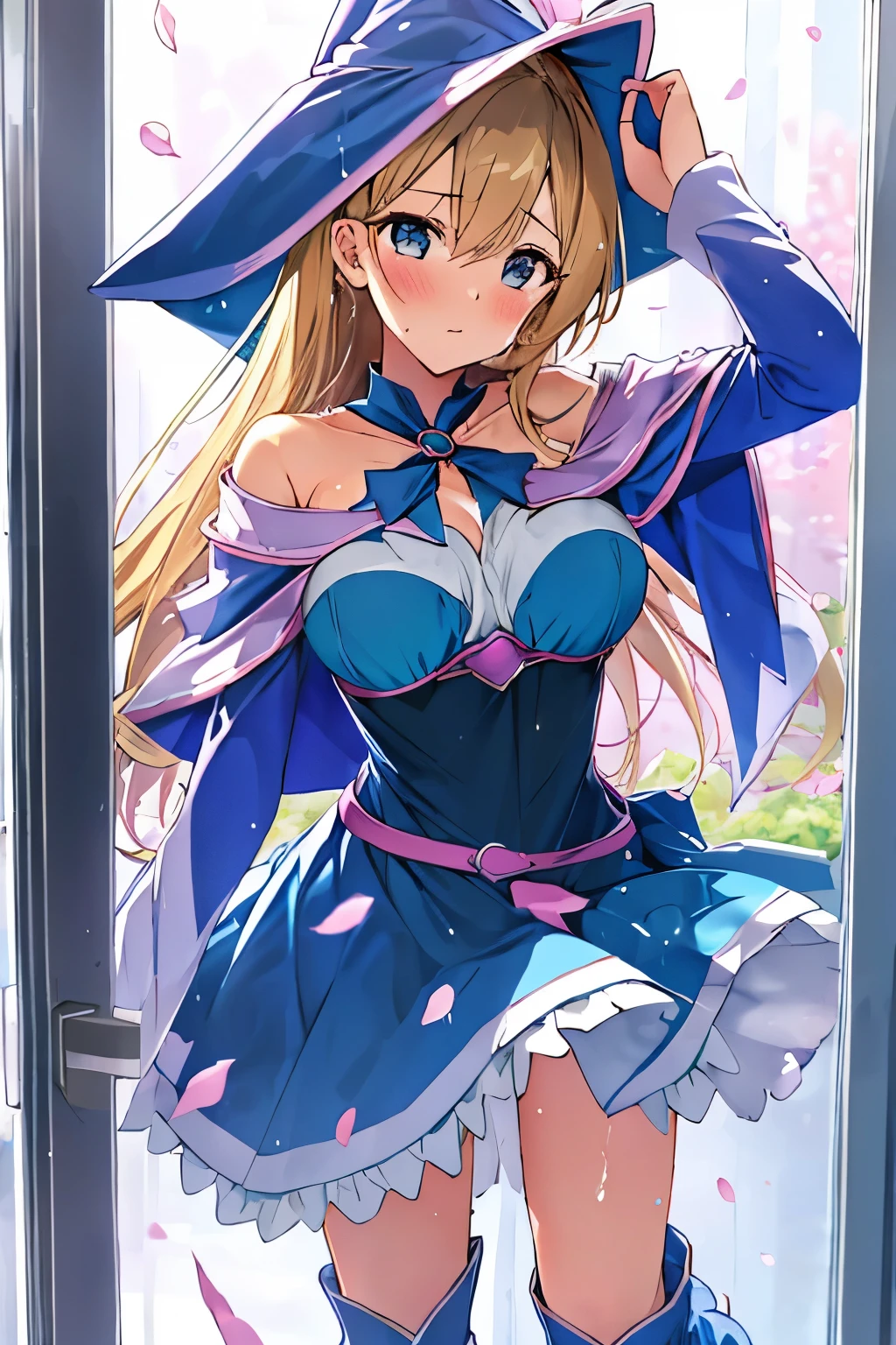 Behind the frosted glass, masterpiece, best quality, breasts_on_glass,1girl, fit body, wet semi-transparent clothes, sweat, breasts on windows, drop of water, breasts squeezed by glass,,dark_magician_girl, yu-gi-oh!, 1girl, bare_shoulders, blonde_hair, green_eyes, large_breasts, long_hair, witch_hat， off_shoulder, blue_dress, capelet, blue_footwear, blue_hat, boots, pink_capelet, pink_skirt, skirt, ,surrounding by flowers,falling_petals, petals,