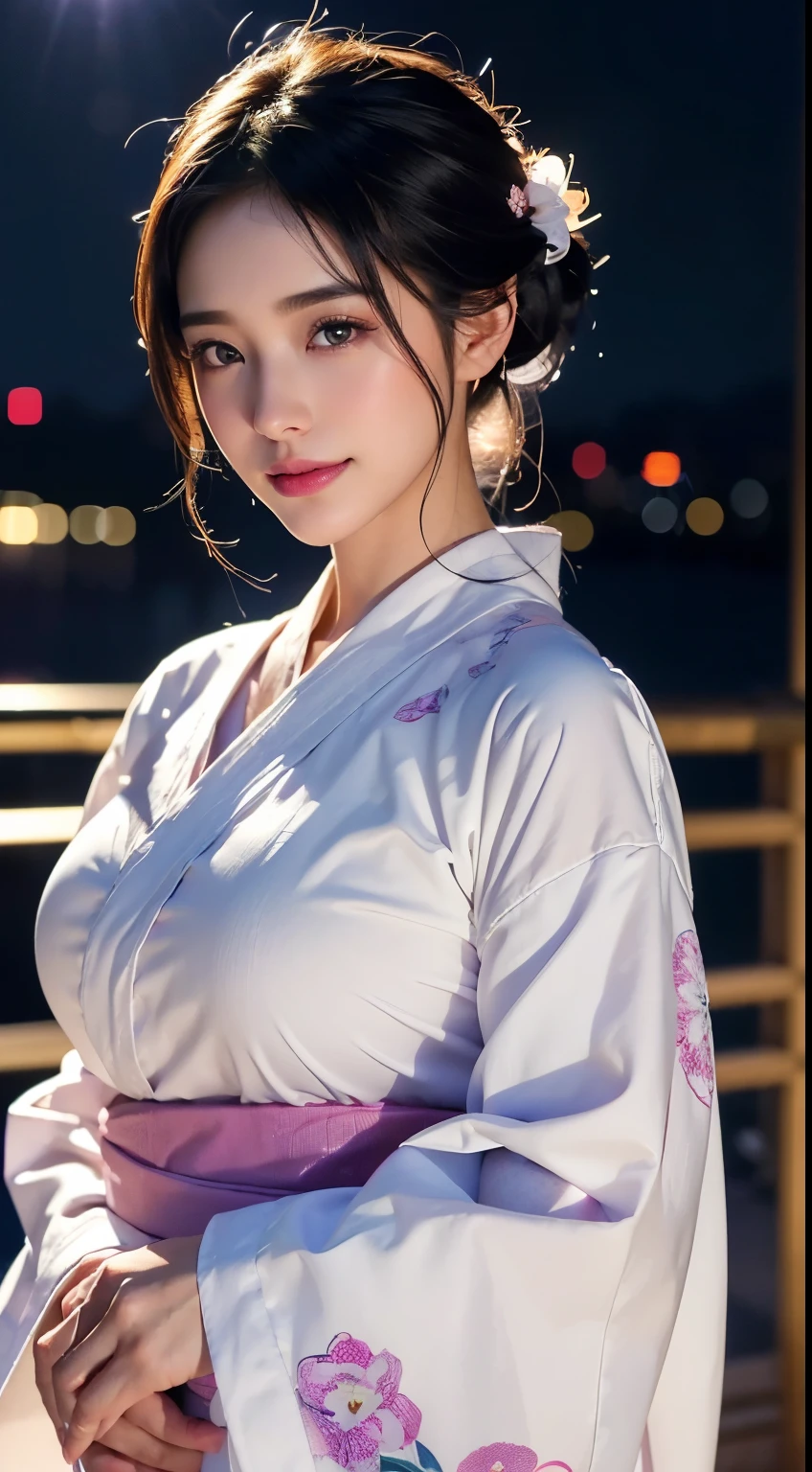 (logo、masterpiece、8k、Tabletop、RAW Photos、wonderful、最high quality、フォトリアリスティックでVery detailedな CG 複合 8k 壁紙、high quality、Very detailed、Narrative poem、Particle Effects、Dynamic Effects、Depth of the Boundary、Cinematic Light、Lens flare、Ray Tracing）、 (One beautiful woman wearing a yukata、White yukata、Light purple pattern)、Black-haired、High definition skin、Very fine、Fine skin texture、Beautiful Face、True Face、Beautiful details in the eyes、Realistic eyes、Beautifully detailed eyes、Realistic Skin、Beautiful Skin、Surreal、Smiling Eyes、Hair and light eyes、vivid、Colorful lights and bokeh、plump lower lip、Pink Lips、Hair flutters in Wind、Hair bounces、wonderful景色、night、evening、Wind、moonlight、moonlight、light