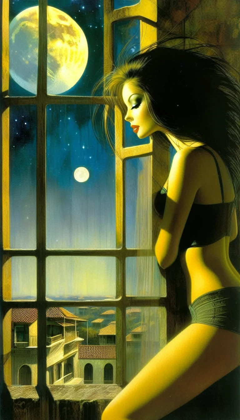 woman, alone, sadness, nude, sexy, standing in front of a large window, through the window a surprising world of colors appears before her, surrealism, night, stars, surreal (art inspired by Bill Sienkiewicz). oil painting)
