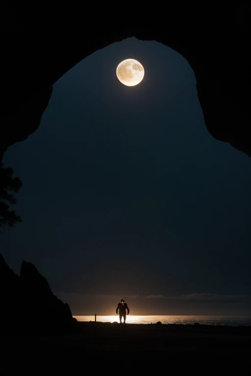 barren sterile moon with a cave in the background with some barely visible alien eggs from the alien movie. dark