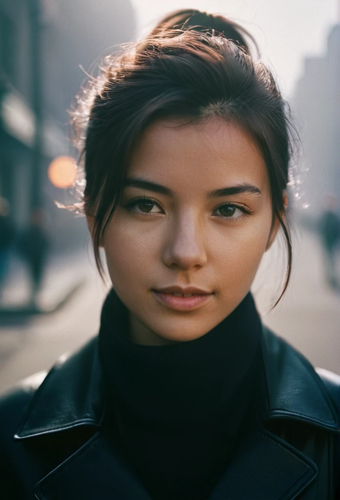 photography, city street, closeup portrait photo of young woman in dark clothes, sunny, daylight, fog, Fujifilm XT3, Canon R5, Fujicolor Fujichrome Velvia 100