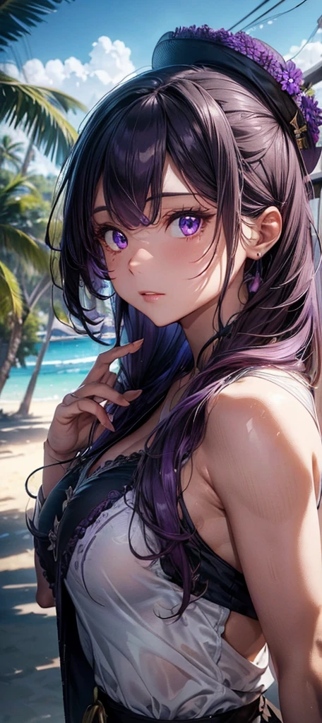 a beautiful detailed woman with long purple hair, extremely detailed face and eyes, extremely detailed skin texture, dramatic lighting, dramatic colors, photorealistic, high quality, professional, cinematic, glowing skin, sandy beach, tropical plants, big breasts,shirt,hat,