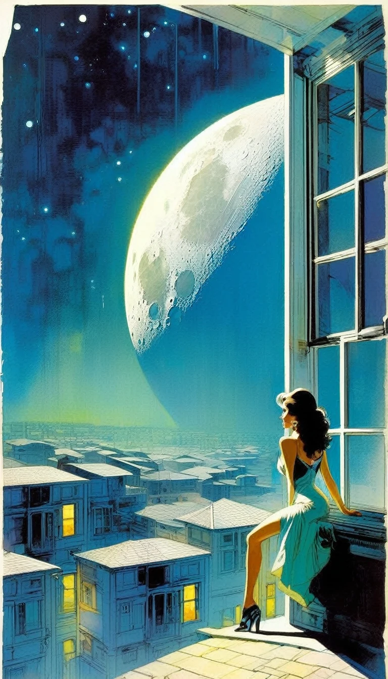 The moon is a house, with windows, terraces and a lot of life, a sexy girl looks out of a window, Bill Sienkiewicz inspired art