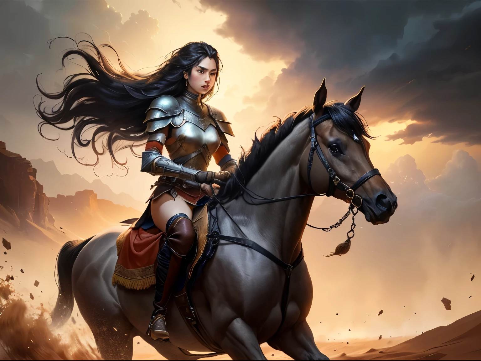 female warrior on beautiful horse, metal collar, a lot of metal in the clothes, shoulder pad in the shape of a skull, brave face, dark kingdom, Dynamic Pose, fantasy, Frank Frazetta or Simon Bisley style