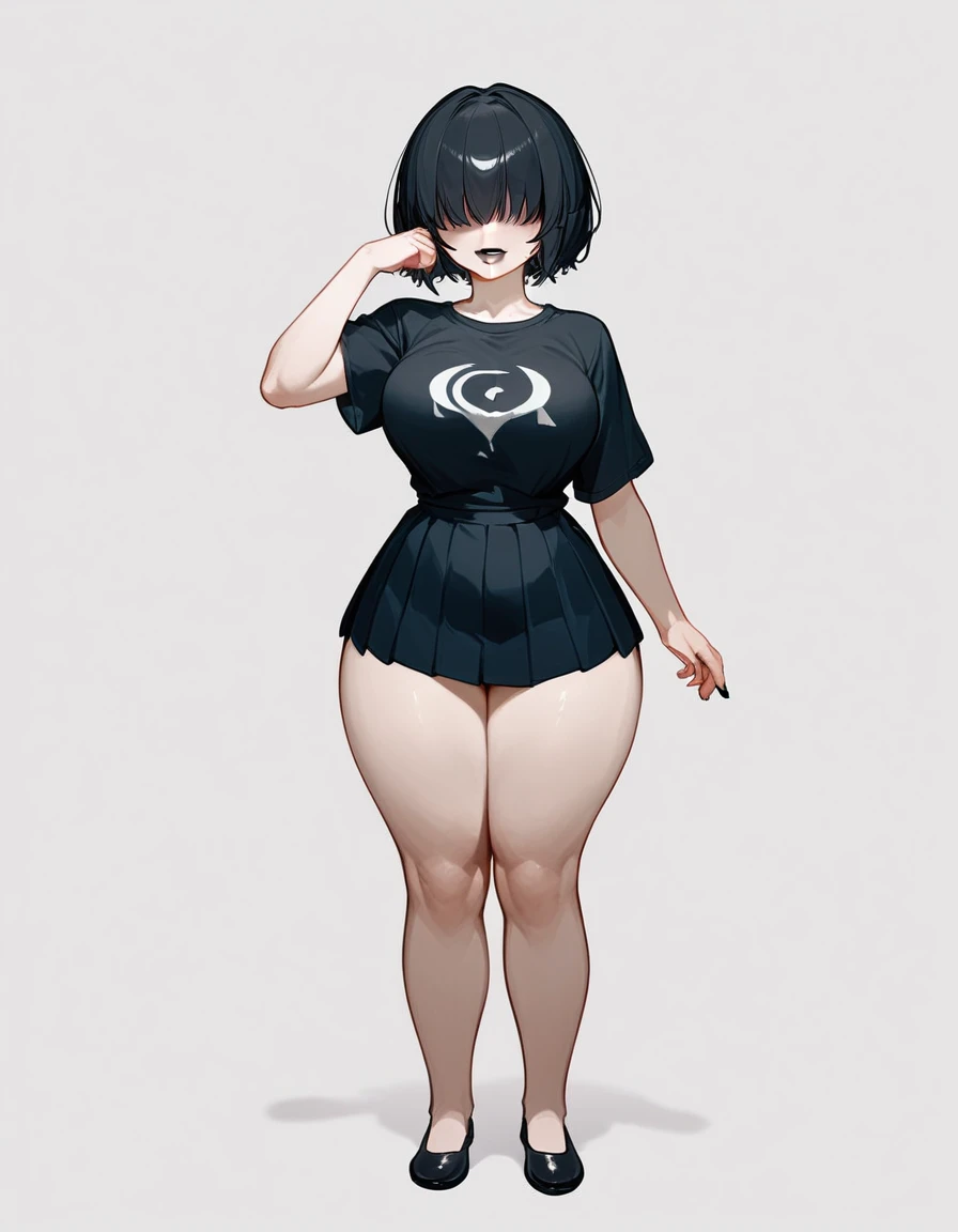 1girl,goth, fair skin, hair bangs covering her eyes, no eyes showing, black lipstick, short bob hairstyle, large breasts,c, slim waist, massive thighs, thick thighs, wide hips, wearing a small tight black t shirt, black pleated microskirt, flats shoes, white background , up close, entire body showing, standing