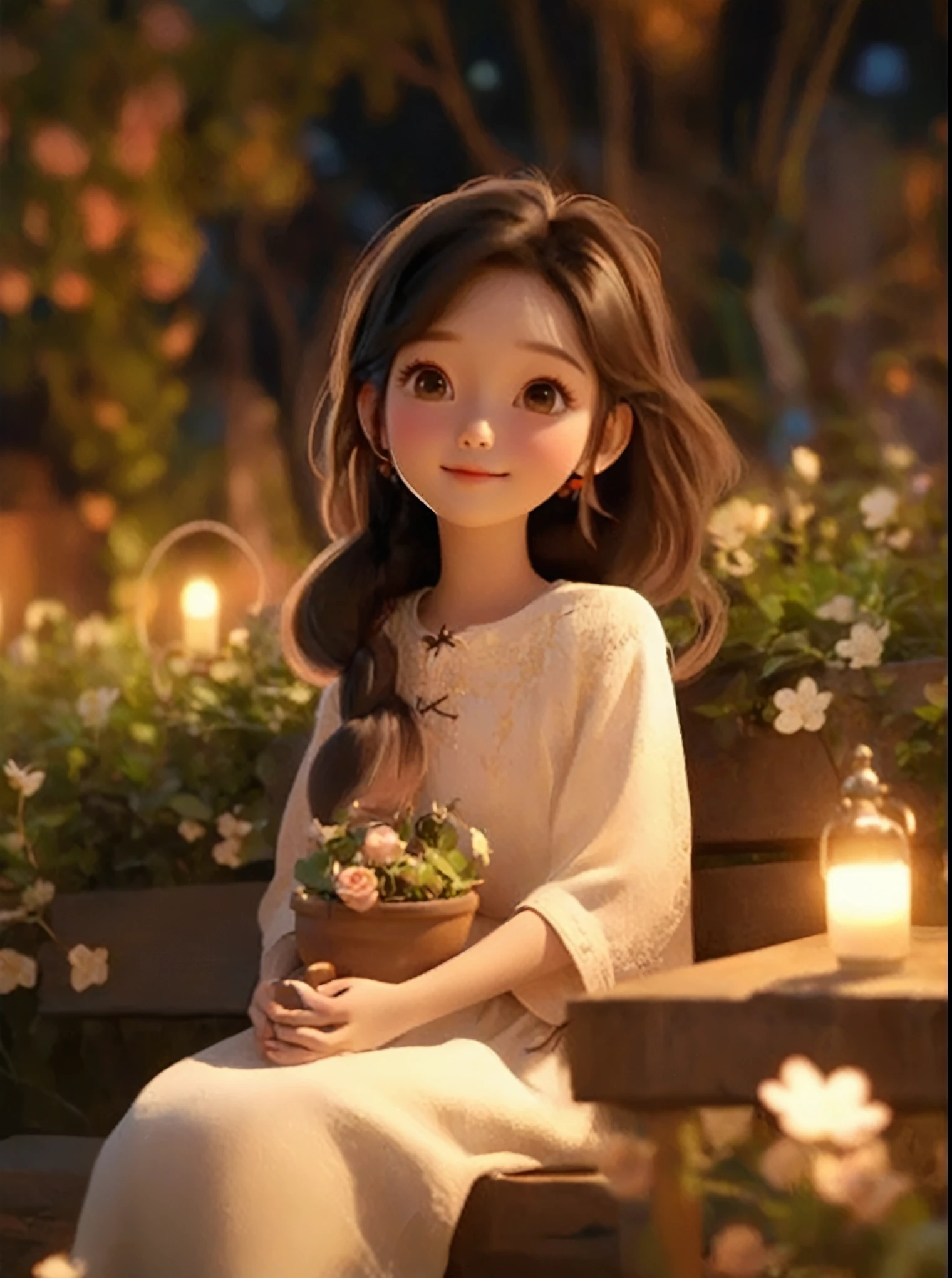 A long-haired girl sitting on a bench，Holding a cup in hand, charming细致的数字艺术, charming的数字艺术, charming卡通 character, charming的肖像, charming卡通, charming的角色, Soft portrait shots 8 k, charming的数字, charming的 3d 渲染, charming, charming的动漫女孩, charming美丽, Beautiful soft lighting, charming, charming的卡哇伊女孩