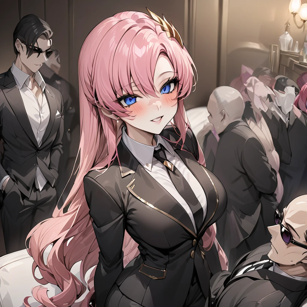 ((Highest quality)), ((masterpiece)), (detailed), （Perfect Face）、The woman is Lacus Clyne, a villainous mafia girl with blue eyes and medium-long pink hair, wearing black clothes, sunglasses, and luxurious accessories.、She is being held close by the mafia boss、The woman is a ruthless mafia member who swears absolute loyalty to the mafia and her boss.