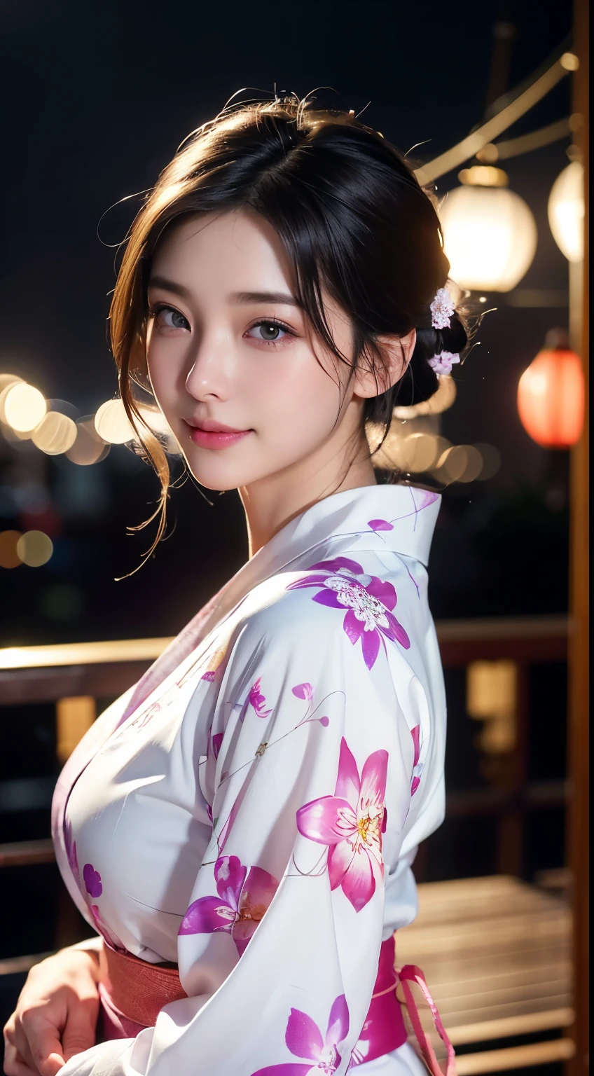 (logo、masterpiece、8k、Tabletop、RAW Photos、wonderful、最high quality、フォトリアリスティックでVery detailedな CG 複合 8k 壁紙、high quality、Very detailed、Narrative poem、Particle Effects、Dynamic Effects、Depth of the Boundary、Cinematic Light、Lens flare、Ray Tracing)、 (One beautiful woman wearing a yukata、White yukata、Light purple pattern)、Black-haired、High definition skin、Very fine、Fine skin texture、Beautiful Face、True Face、Beautiful details in the eyes、Realistic eyes、Beautifully detailed eyes、Realistic Skin、Beautiful Skin、Surreal、Smiling Eyes、Hair and light eyes、vivid、Colorful lights and bokeh、plump lower lip、Pink Lips、Hair flutters in Wind、Hair bounces、wonderful景色、night、evening、Wind、moonlight、moonlight、light