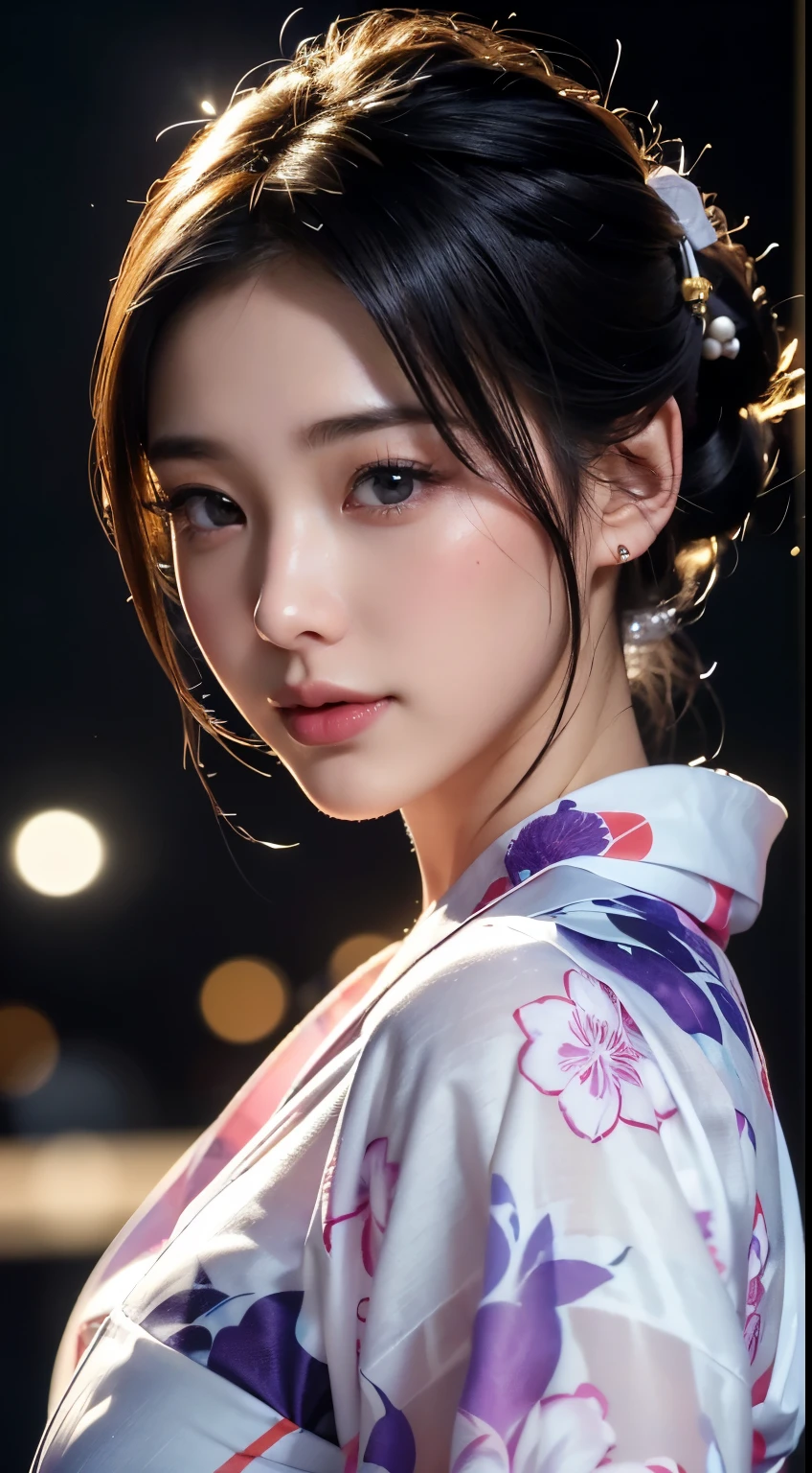 (logo、masterpiece、8k、Tabletop、RAW Photos、wonderful、最high quality、フォトリアリスティックでVery detailedな CG 複合 8k 壁紙、high quality、Very detailed、Narrative poem、Particle Effects、Dynamic Effects、Depth of the Boundary、Cinematic Light、Lens flare、Ray Tracing）、 (One beautiful woman wearing a yukata、White yukata、Light purple pattern)、Black-haired、High definition skin、Very fine、Fine skin texture、Beautiful Face、True Face、Beautiful details in the eyes、Realistic eyes、Beautifully detailed eyes、Realistic Skin、Beautiful Skin、Surreal、Smiling Eyes、Hair and light eyes、vivid、Colorful lights and bokeh、plump lower lip、Pink Lips、Hair flutters in Wind、Hair bounces、wonderful景色、night、evening、Wind、moonlight、moonlight、light