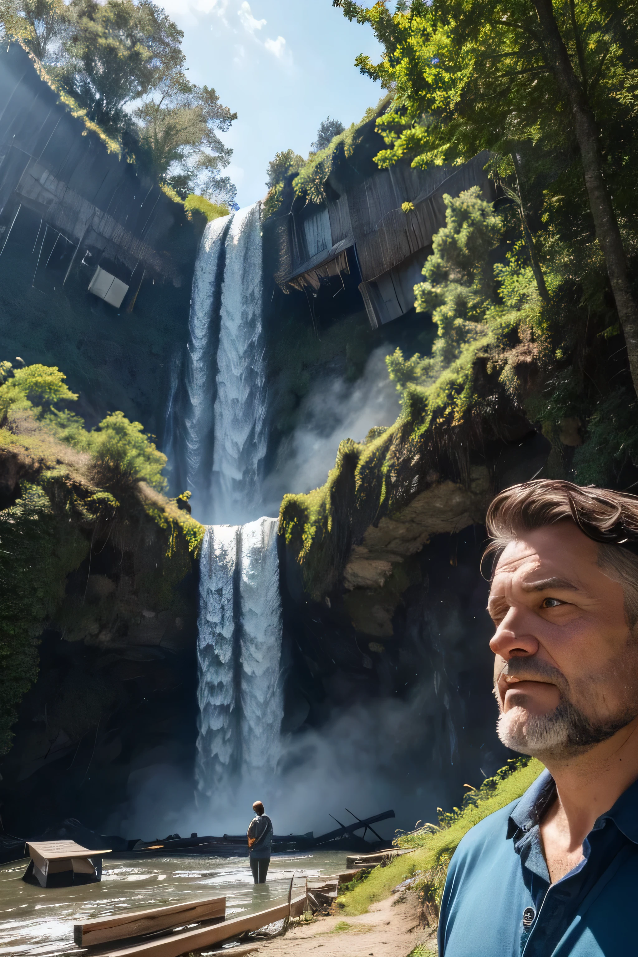1 HEAD OF A MAN, TREES IN PLACE OF HAIR, perfect lighting, WOOD SUPPORTING THE HEAD, 50 YEAR OLD FACE, with beard, greeneyes, SIDE OF THE FACE TURNING INTO AN ABANDONED HOUSE, in the background a waterfall, WATER COMING OUT IN THE MOUTH LIKE A WATERFALL, BLUE SKY.