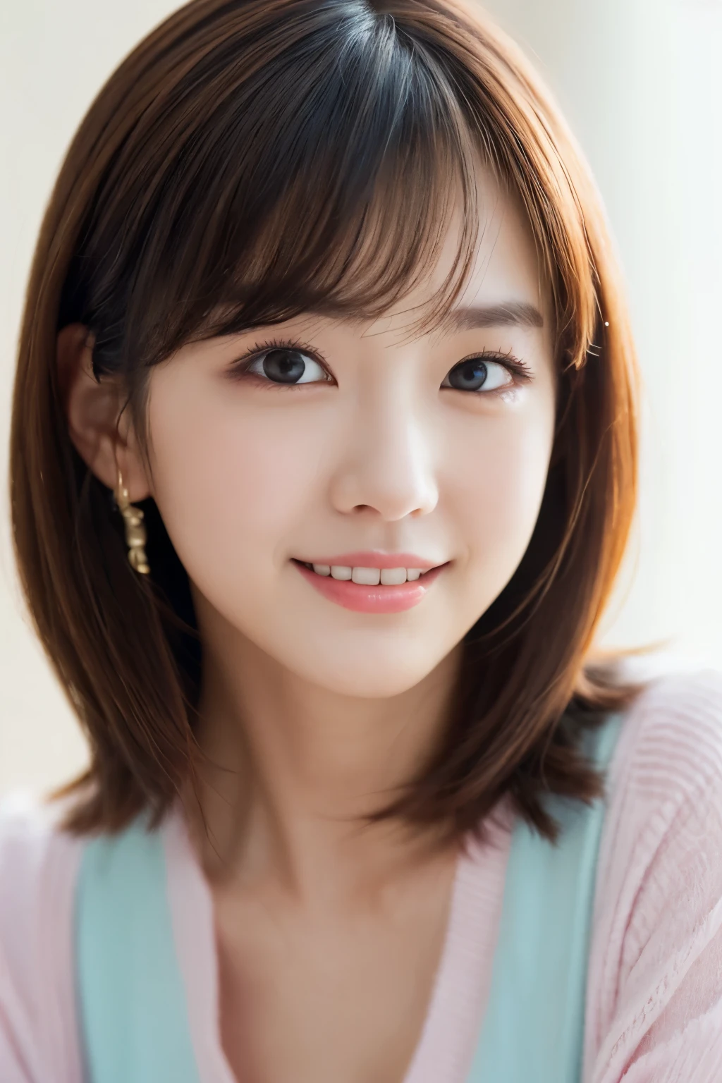 One Girl, (Dress casually, Pastel colored clothes:1.2), (Beautiful Japanese idol portrait photos),
(Simple background in light colors:1.3),
(RAW Photos, Highest quality), (Realistic, photo-Realistic:1.4), masterpiece, 8K Portrait,
Very delicate and beautiful, Very detailed, 2k wallpaper, wonderful, In detail, Very detailed CG unity 8k wallpaper, 
Very detailed, High resolution, 
Soft Light, Beautiful detailed girl, Very detailed eyes and face, Beautiful and sophisticated nose, Beautiful attention to detail,
Cinema Lighting, Perfect Anatomy, 
Slender body, Small breasts, Medium Hair, Bokeh, Dynamic Angle, A light smile,